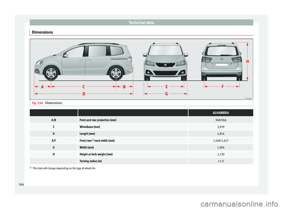 Seat Alhambra 2016 Owners Manual Technical data
Dimensions Fig. 256
Dimensions ALHAMBRA
A/BFront and rear projection (mm)968/966
CWheelbase (mm)2,919
DLength (mm)4,854
E/FFront/rear a)
track width (mm)1,569/1,617
GWidth (mm)1,904
Seat Alhambra 2016 Owners Manual Technical data
Dimensions Fig. 256
Dimensions ALHAMBRA
A/BFront and rear projection (mm)968/966
CWheelbase (mm)2,919
DLength (mm)4,854
E/FFront/rear a)
track width (mm)1,569/1,617
GWidth (mm)1,904