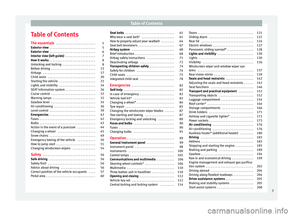 Seat Alhambra 2016  Owners Manual Table of Contents
Table of Contents
The e s
senti
als . . . . . . . . . . . . . . . . . . . . . . . . 5
Exterior view  . . . . . . . . . . . . . . . . . . . . . . . . . . . . 5
Exterior view  . . . . 