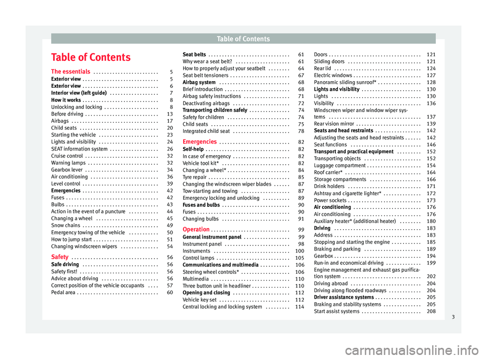 Seat Alhambra 2016  Owners Manual Table of Contents
Table of Contents
The e s
senti
als . . . . . . . . . . . . . . . . . . . . . . . . 5
Exterior view  . . . . . . . . . . . . . . . . . . . . . . . . . . . . 5
Exterior view  . . . . 