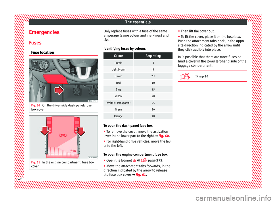 Seat Alhambra 2016  Owners Manual The essentials
Emergencies F u
se
s
Fuse location Fig. 60 
On the driver-side dash panel: fuse
bo x
 c

over Fig. 61 
In the engine compartment: fuse box
c o
v

er Only replace fuses with a fuse of th