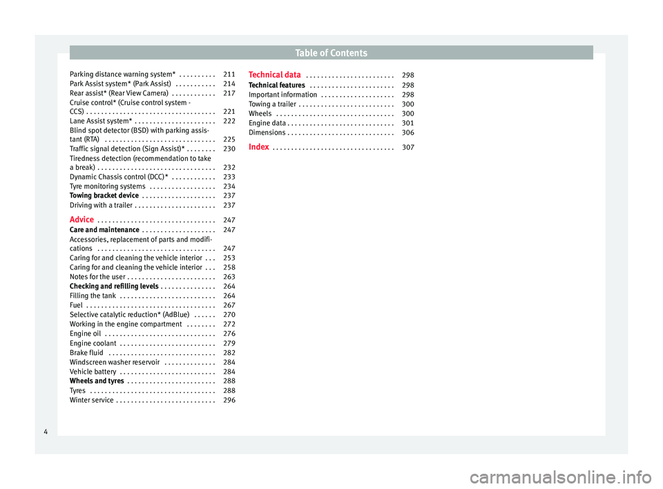 Seat Alhambra 2016  Owners Manual Table of Contents
Parking distance warning system*  . . . . . . . . . . 211
Park Assist system* (Park Assist)  . . . . . . . . . . . 214
Rear assist* (Rear View Camera)  . . . . . . . . . . . . 217
Cr