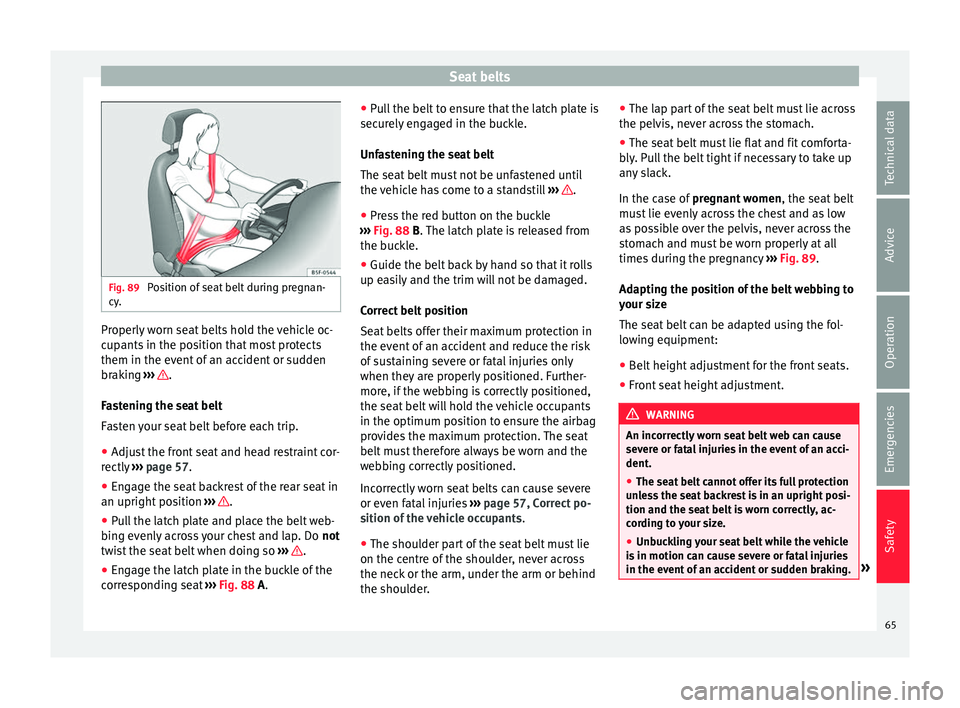 Seat Alhambra 2016 Repair Manual Seat belts
Fig. 89
Position of seat belt during pregnan-
cy . Properly worn seat belts hold the vehicle oc-
c
up
ants
in the position that most protects
them in the event of an accident or sudden
br Seat Alhambra 2016 Repair Manual Seat belts
Fig. 89
Position of seat belt during pregnan-
cy . Properly worn seat belts hold the vehicle oc-
c
up
ants
in the position that most protects
them in the event of an accident or sudden
br