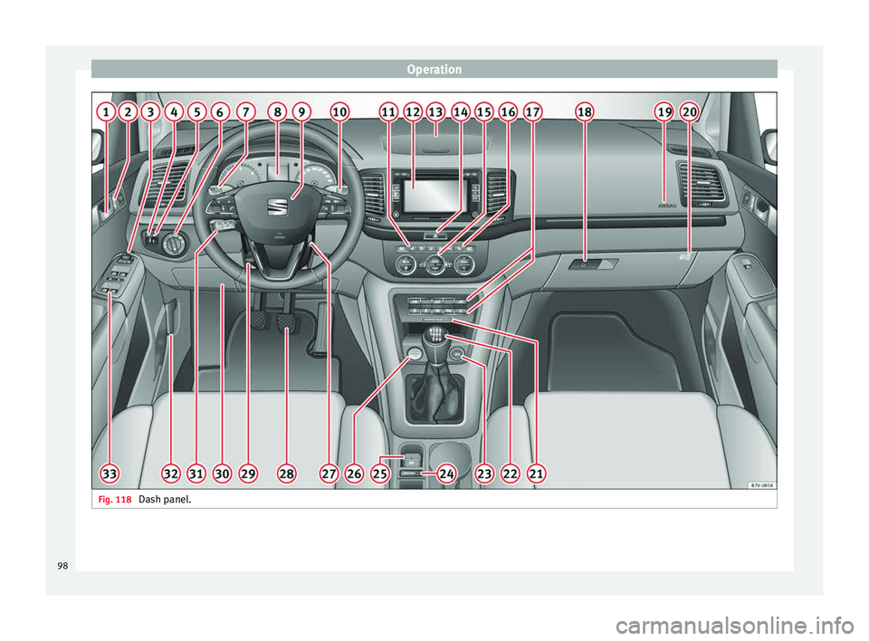 Seat Alhambra 2016 Owners Manual Operation
Fig. 118
Dash panel.98 Seat Alhambra 2016 Owners Manual Operation
Fig. 118
Dash panel.98