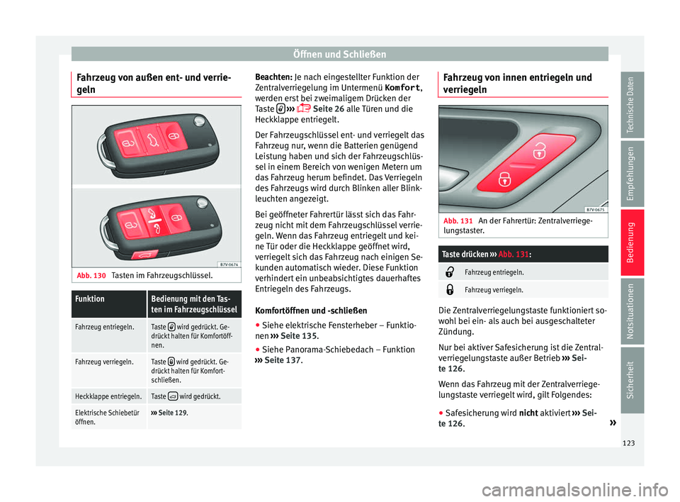 Seat Alhambra 2016  Betriebsanleitung (in German) Öffnen und Schließen
Fahrzeug von außen ent- und verrie-
g eln Abb. 130 
Tasten im Fahrzeugschlüssel.FunktionBedienung mit den Tas-
ten im Fahrzeugschlüssel
Fahrzeug entriegeln.Taste  wird ged