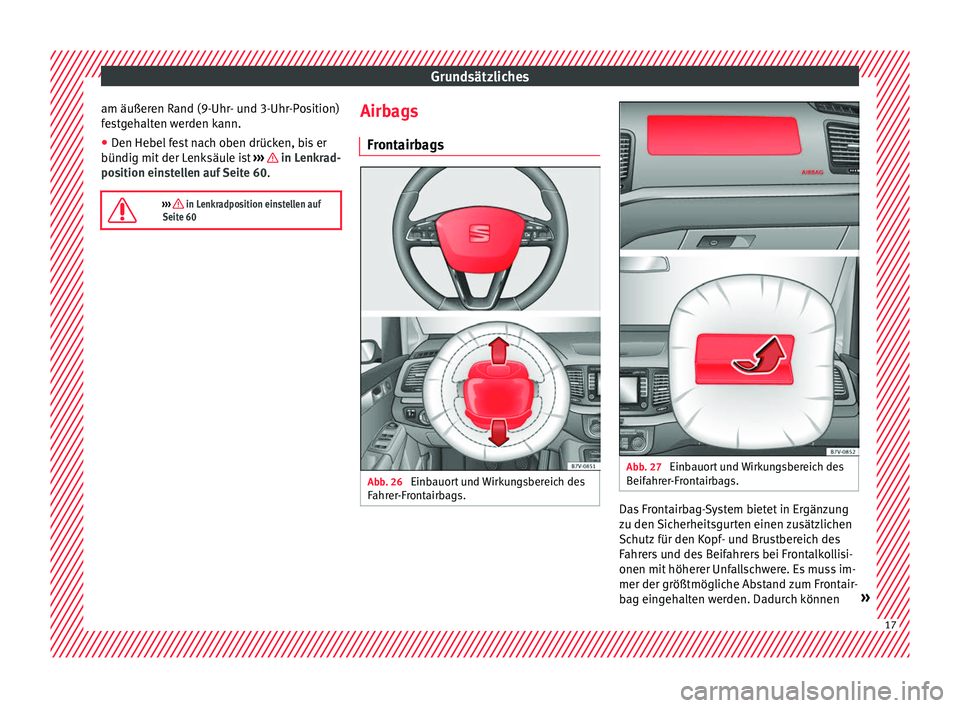 Seat Alhambra 2016  Betriebsanleitung (in German) Grundsätzliches
am äußeren Rand (9-Uhr- und 3-Uhr-Position)
f e
s
tgehalten werden kann.
● Den Hebel fest nach oben drücken, bis er
bündig mit der Lenk
 säule ist ›››   in Lenkrad-
po s
