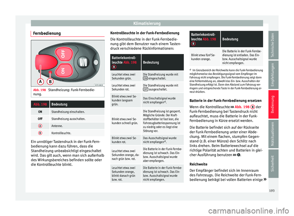 Seat Alhambra 2016  Betriebsanleitung (in German) Klimatisierung
Fernbedienung Abb. 198 
Standheizung: Funk-Fernbedie-
nu n
g.Abb. 198Bedeutung
ONStandheizung einschalten.
OFFStandheizung ausschalten.
AAntenne.
BKontrollleuchte. Ein unnötiger Tasten