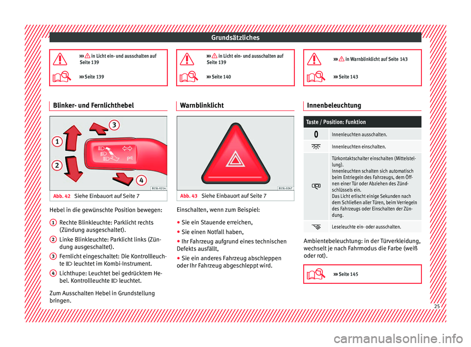 Seat Alhambra 2016  Betriebsanleitung (in German) Grundsätzliches
›››  in Licht ein- und ausschalten auf
Seite 139
›››  Seite 139 Blinker- und Fernlichthebel
Abb. 42 
Siehe Einbauort auf Seite 7 Hebel in die gewünschte Position be