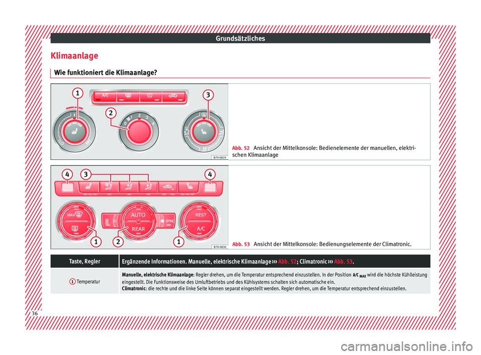 Seat Alhambra 2016  Betriebsanleitung (in German) Grundsätzliches
Klimaanlage W ie f
u
nktioniert die Klimaanlage? Abb. 52 
Ansicht der Mittelkonsole: Bedienelemente der manuellen, elektri-
sc hen Klim

aanlage Abb. 53 
Ansicht der Mittelkonsole: Be