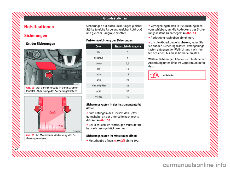 Seat Alhambra 2016  Betriebsanleitung (in German) Grundsätzliches
Notsituationen Sic heru
n
gen
Ort der Sicherungen Abb. 60 
Auf der Fahrerseite in der Instrumen-
t ent
af

el: Abdeckung des Sicherungskastens. Abb. 61 
Im Motorraum: Abdeckung des Si