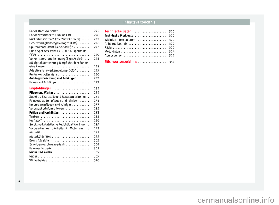 Seat Alhambra 2016  Betriebsanleitung (in German) Inhaltsverzeichnis
Parkdistanzkontrolle*  . . . . . . . . . . . . . . . . . . . . 225
Parklenkassistent* (Park Assist)  . . . . . . . . . . . . 228
Rückfahrassistent* (Rear View Camera)  . . . . . . 