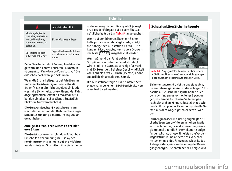 Seat Alhambra 2016 Betriebsanleitung (in German) Sicherheit
leuchtet oder blinkt
Nicht angelegter Si-
cherheitsgurt des Fah-
rers und Beifahrers,
falls der Beifahrersitz
belegt ist.
Sicherheitsgurte anlegen.
Gegenstände liegen
auf dem Beifahrers Seat Alhambra 2016 Betriebsanleitung (in German) Sicherheit
leuchtet oder blinkt
Nicht angelegter Si-
cherheitsgurt des Fah-
rers und Beifahrers,
falls der Beifahrersitz
belegt ist.
Sicherheitsgurte anlegen.
Gegenstände liegen
auf dem Beifahrers