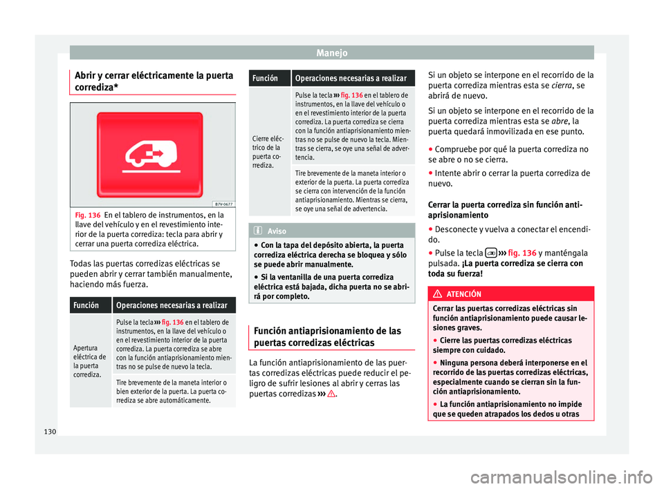 Seat Alhambra 2016  Manual del propietario (in Spanish) Manejo
Abrir y cerrar eléctricamente la puerta
c orr
ediz
a* Fig. 136
En el tablero de instrumentos, en la
l l
av

e del vehículo y en el revestimiento inte-
rior de la puerta corrediza: tecla para 