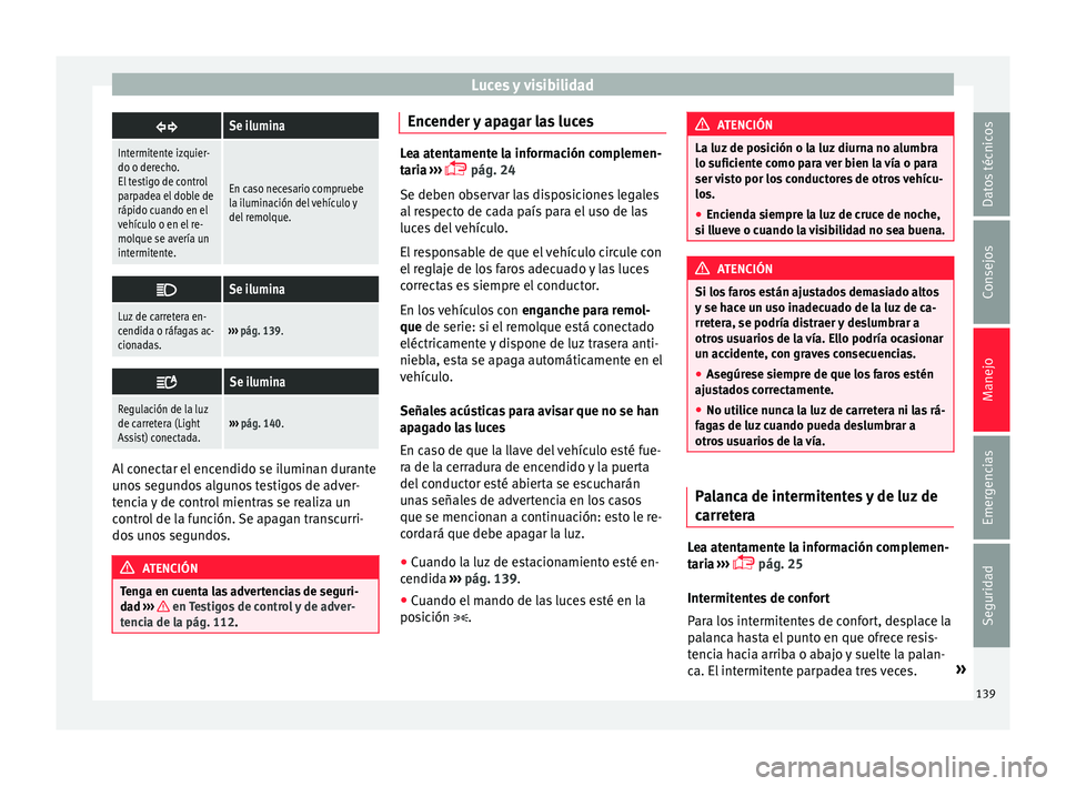 Seat Alhambra 2016  Manual del propietario (in Spanish) Luces y visibilidad
Se ilumina
Intermitente izquier-
do o derecho.
El testigo de control
parpadea el doble de
rápido cuando en el
vehículo o en el re-
molque se avería un
intermitente.
En caso n