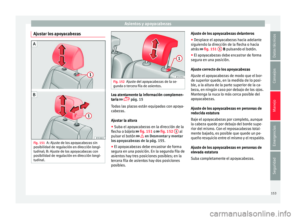 Seat Alhambra 2016  Manual del propietario (in Spanish) Asientos y apoyacabezas
Ajustar los apoyacabezas Fig. 151
A: Ajuste de los apoyacabezas sin
po s
ib
ilidad de regulación en dirección longi-
tudinal; B: Ajuste de los apoyacabezas con
posibilidad de