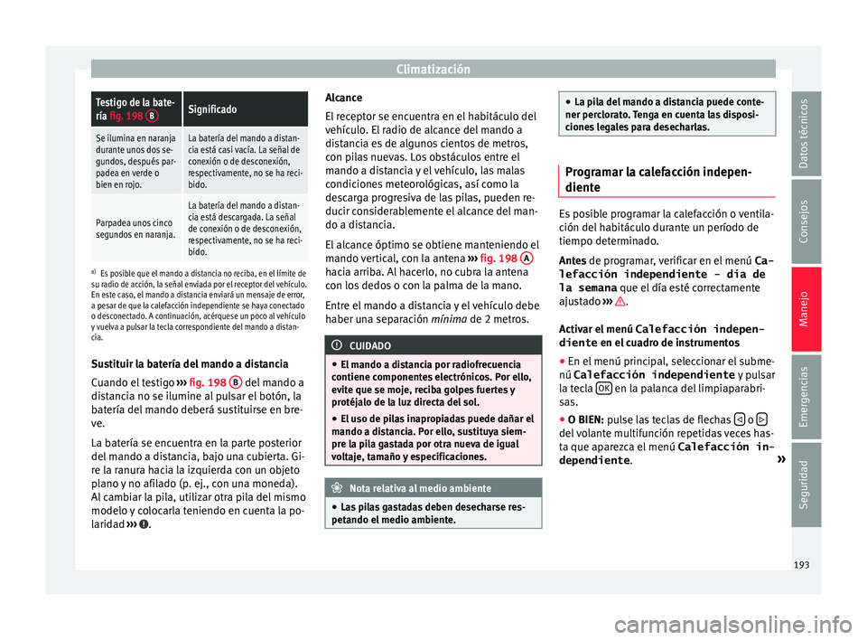 Seat Alhambra 2016 Manual del propietario (in Spanish) ClimatizaciónTestigo de la bate-
ría fig. 198
BSignificado
Se ilumina en naranja
durante unos dos se-
gundos, después par-
padea en verde o
bien en rojo.La batería del mando a distan-
cia está c Seat Alhambra 2016 Manual del propietario (in Spanish) ClimatizaciónTestigo de la bate-
ría fig. 198
BSignificado
Se ilumina en naranja
durante unos dos se-
gundos, después par-
padea en verde o
bien en rojo.La batería del mando a distan-
cia está c