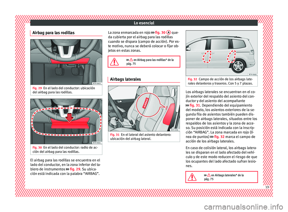 Seat Alhambra 2016  Manual del propietario (in Spanish) Lo esencial
Airbag para las rodillas Fig. 29
En el lado del conductor: ubicación
del  airb
ag p
ara las rodillas. Fig. 30
En el lado del conductor: radio de ac-
c ión del
 airb

ag para las rodillas