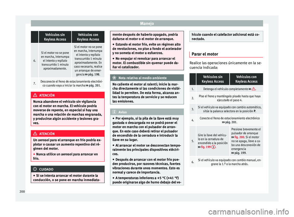 Seat Alhambra 2016 Manual del propietario (in Spanish) Manejo Vehículos sin
Keyless AccessVehículos con
Keyless Access
6.
Si el motor no se pone
en marcha, interrumpa el intento y repítalo
transcurrido 1 minuto aproximadamente.
Si el motor no se pone
e Seat Alhambra 2016 Manual del propietario (in Spanish) Manejo Vehículos sin
Keyless AccessVehículos con
Keyless Access
6.
Si el motor no se pone
en marcha, interrumpa el intento y repítalo
transcurrido 1 minuto aproximadamente.
Si el motor no se pone
e