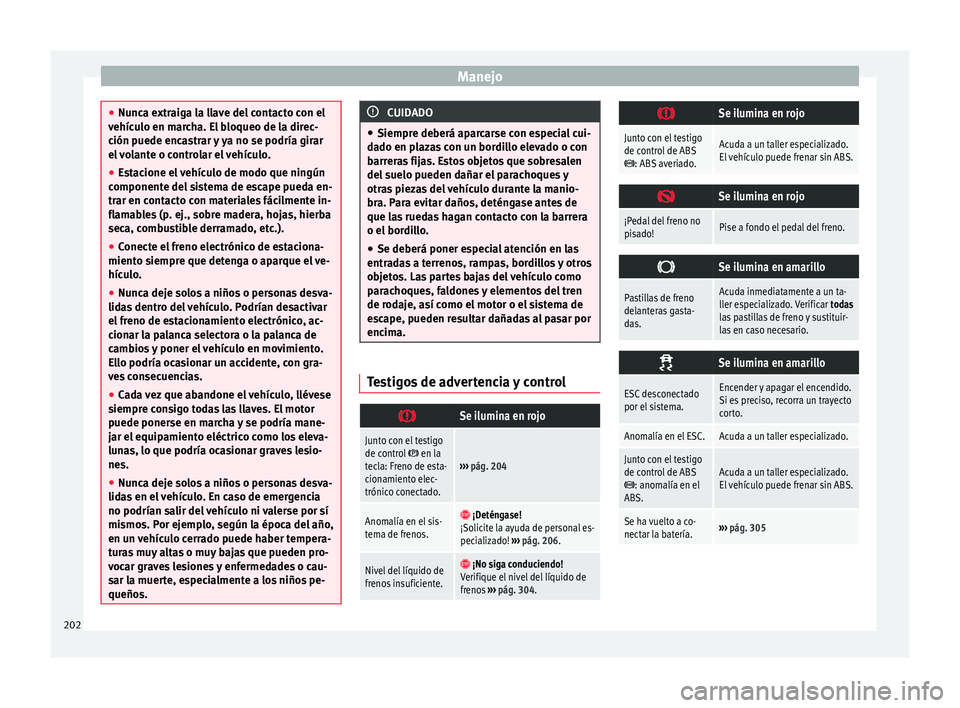 Seat Alhambra 2016 Manual del propietario (in Spanish) Manejo
●
Nunc a e
xtraiga la llave del contacto con el
vehículo en marcha. El bloqueo de la direc-
ción puede encastrar y ya no se podría girar
el volante o controlar el vehículo.
● Estacione Seat Alhambra 2016 Manual del propietario (in Spanish) Manejo
●
Nunc a e
xtraiga la llave del contacto con el
vehículo en marcha. El bloqueo de la direc-
ción puede encastrar y ya no se podría girar
el volante o controlar el vehículo.
● Estacione