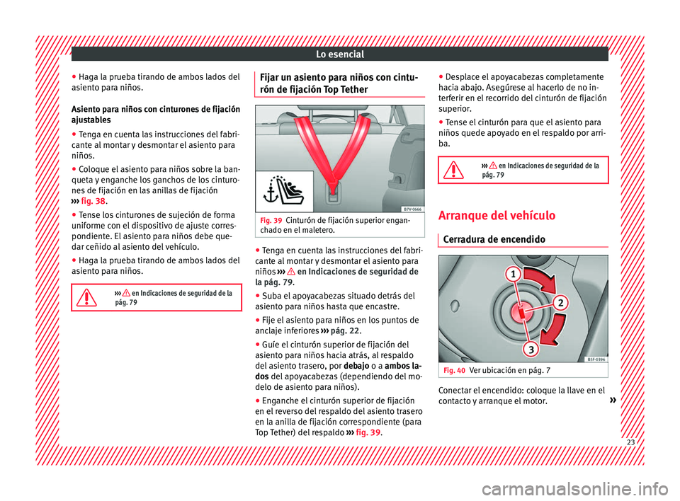 Seat Alhambra 2016  Manual del propietario (in Spanish) Lo esencial
● Hag a l
a prue
ba tirando de ambos lados del
asiento para niños.
Asiento para niños con cinturones de fijación
ajustables
● Tenga en cuenta las instrucciones del fabri-
cante al
 