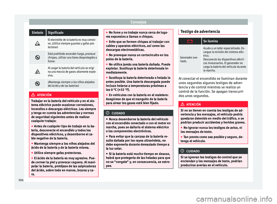 Seat Alhambra 2016 Manual del propietario (in Spanish) ConsejosSímboloSignificado
El electrolito de la batería es muy corrosi-
vo. ¡Utilice siempre guantes y gafas pro-
tectoras!
Está prohibido encender fuego, provocar
chispas, utilizar una ll Seat Alhambra 2016 Manual del propietario (in Spanish) ConsejosSímboloSignificado
El electrolito de la batería es muy corrosi-
vo. ¡Utilice siempre guantes y gafas pro-
tectoras!
Está prohibido encender fuego, provocar
chispas, utilizar una ll