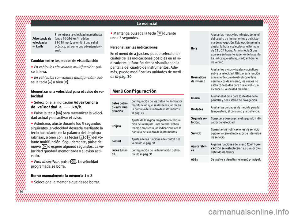 Seat Alhambra 2016  Manual del propietario (in Spanish) Lo esencialAdvertencia de
velocidad a
--- km/hSi se rebasa la velocidad memorizada
(entre 30-250 km/h, o bien
18-155 mph), se emitirá una señal
acústica, así como una advertencia vi-
sual.
Cambiar