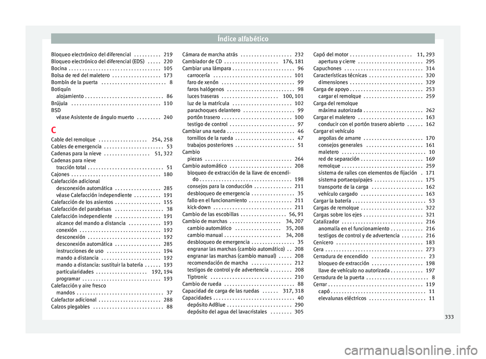 Seat Alhambra 2016 Manual del propietario (in Spanish) Índice alfabético
Bloqueo electrónico del diferencial . . . . . . . . . . 219
Bloqueo el ectrónic
o del
diferencial (EDS) . . . . . 220
Bocina . . . . . . . . . . . . . . . . . . . . . . . . . Seat Alhambra 2016 Manual del propietario (in Spanish) Índice alfabético
Bloqueo electrónico del diferencial . . . . . . . . . . 219
Bloqueo el ectrónic
o del
diferencial (EDS) . . . . . 220
Bocina . . . . . . . . . . . . . . . . . . . . . . . . .