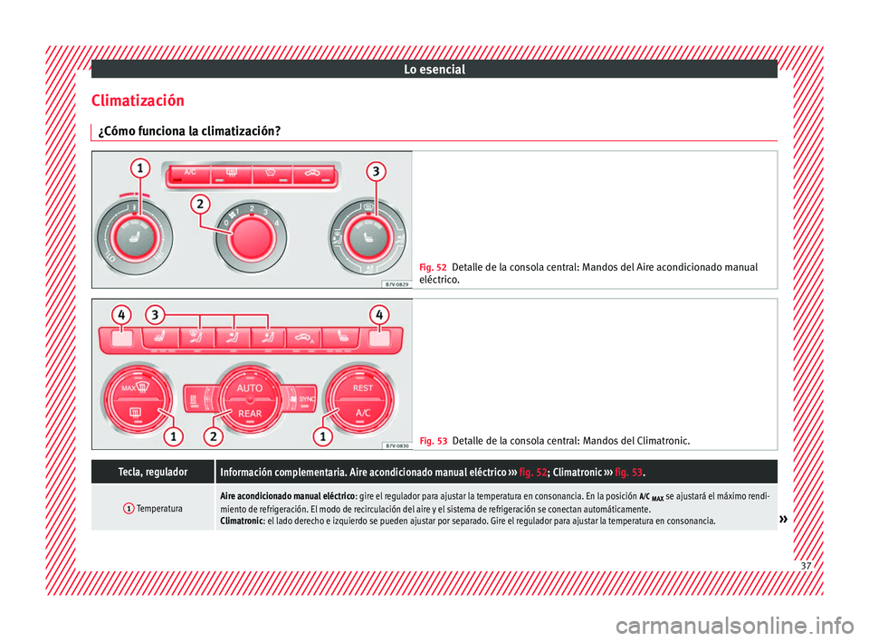 Seat Alhambra 2016  Manual del propietario (in Spanish) Lo esencial
Climatización ¿Cómo f u
nc
iona la climatización? Fig. 52
Detalle de la consola central: Mandos del Aire acondicionado manual
eléctrico . Fig. 53
Detalle de la consola central: Mandos