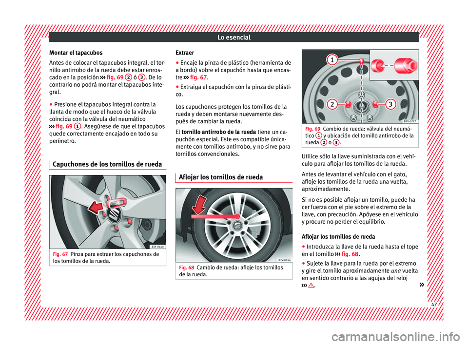 Seat Alhambra 2016  Manual del propietario (in Spanish) Lo esencial
Montar el tapacubos
Ant e
s
 de colocar el tapacubos integral, el tor-
nillo antirrobo de la rueda debe estar enros-
cado en la posición  ››› fig. 69  2  ó 
3 . De lo
c ontr
ario n