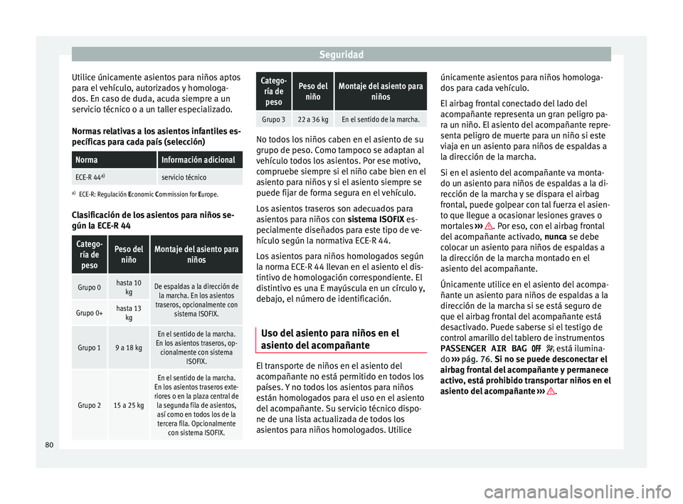 Seat Alhambra 2016  Manual del propietario (in Spanish) Seguridad
Utilice únicamente asientos para niños aptos
p ar
a el
 vehículo, autorizados y homologa-
dos. En caso de duda, acuda siempre a un
servicio técnico o a un taller especializado.
Normas re