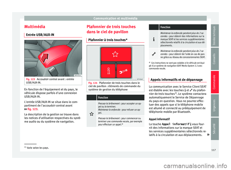 Seat Alhambra 2016  Manuel du propriétaire (in French)  Communication et multimédia
Multimédia Entrée USB/A UX
-IN Fig. 123 
Accoudoir central avant : entrée
USB/A UX
-IN. En fonction de l'équipement et du pays, le
véhic
u
l
e dispose parfois d&#