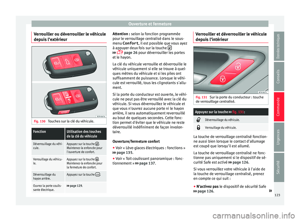 Seat Alhambra 2016 Manuel du propriétaire (in French) Ouverture et fermeture
Verrouiller ou déverrouiller le véhicule
dep ui
s
l'extérieur Fig. 130
Touches sur la clé du véhicule.
FonctionUtilisation des touches
de la clé du véhicule
Déverr Seat Alhambra 2016 Manuel du propriétaire (in French) Ouverture et fermeture
Verrouiller ou déverrouiller le véhicule
dep ui
s
l'extérieur Fig. 130
Touches sur la clé du véhicule.
FonctionUtilisation des touches
de la clé du véhicule
Déverr
