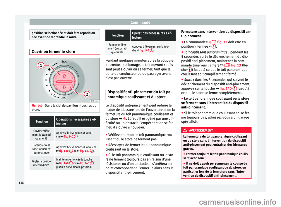 Seat Alhambra 2016 Manuel du propriétaire (in French) Commande
position sélectionnée et doit être reposition-
née avant
de r
eprendre la route.Ouvrir ou fermer le store
Fig. 140
Dans le ciel de pavillon : touches du
s t
or
e.
FonctionOpérations n Seat Alhambra 2016 Manuel du propriétaire (in French) Commande
position sélectionnée et doit être reposition-
née avant
de r
eprendre la route.Ouvrir ou fermer le store
Fig. 140
Dans le ciel de pavillon : touches du
s t
or
e.
FonctionOpérations n