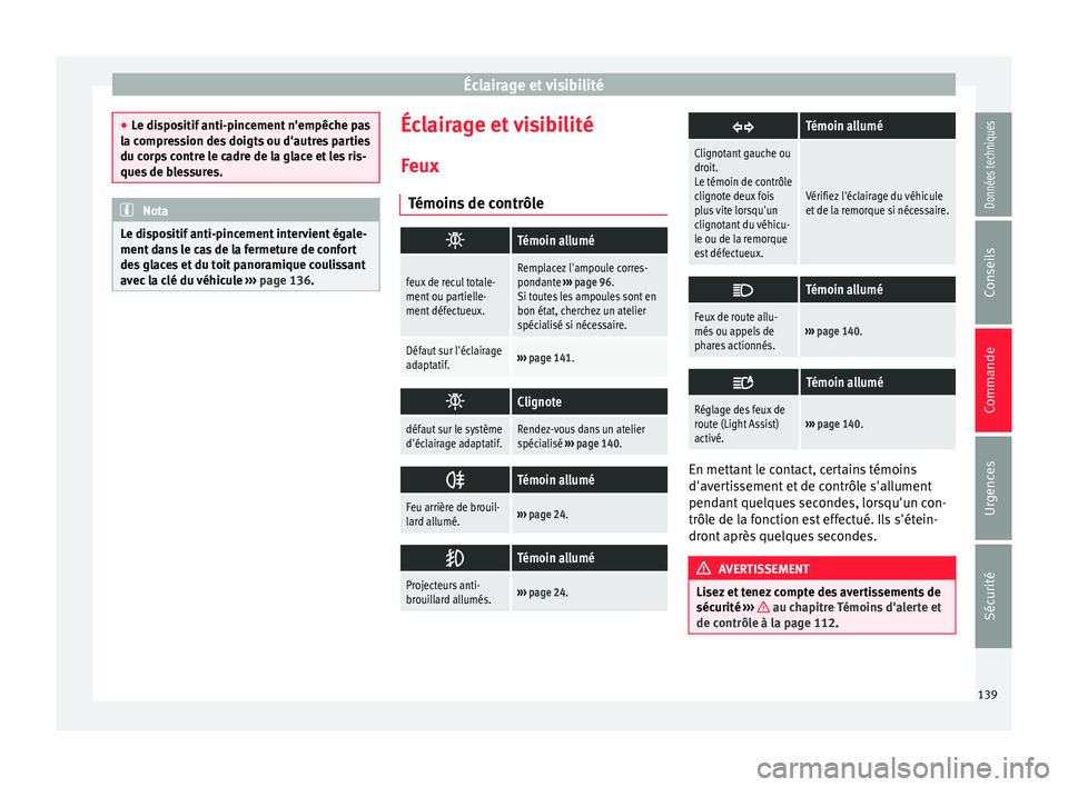 Seat Alhambra 2016 Manuel du propriétaire (in French) Éclairage et visibilité
●
Le di s
positif anti-pincement n'empêche pas
la compression des doigts ou d'autres parties
du corps contre le cadre de la glace et les ris-
ques de blessures. No Seat Alhambra 2016 Manuel du propriétaire (in French) Éclairage et visibilité
●
Le di s
positif anti-pincement n'empêche pas
la compression des doigts ou d'autres parties
du corps contre le cadre de la glace et les ris-
ques de blessures. No