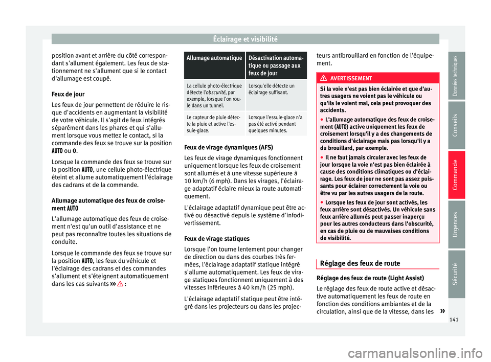 Seat Alhambra 2016 Manuel du propriétaire (in French) Éclairage et visibilité
position avant et arrière du côté correspon-
d ant
s'al
lument également. Les feux de sta-
tionnement ne s'allument que si le contact
d'allumage est coupé.
Seat Alhambra 2016 Manuel du propriétaire (in French) Éclairage et visibilité
position avant et arrière du côté correspon-
d ant
s'al
lument également. Les feux de sta-
tionnement ne s'allument que si le contact
d'allumage est coupé.
