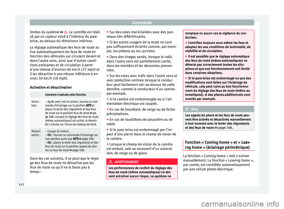 Seat Alhambra 2016 Manuel du propriétaire (in French) Commande
limites du système ››
› . Le contrôle est réali-
sé p ar u
n c
apteur situé à l'intérieur du pare-
brise, au-dessus du rétroviseur intérieur.
Le réglage automatique des Seat Alhambra 2016 Manuel du propriétaire (in French) Commande
limites du système ››
› . Le contrôle est réali-
sé p ar u
n c
apteur situé à l'intérieur du pare-
brise, au-dessus du rétroviseur intérieur.
Le réglage automatique des