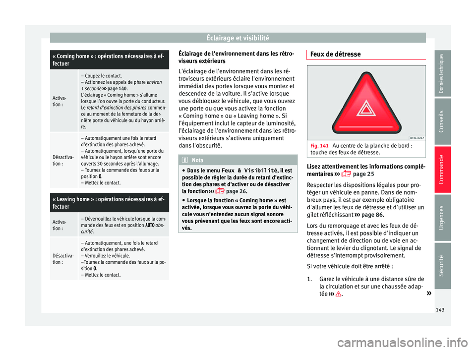 Seat Alhambra 2016 Manuel du propriétaire (in French) Éclairage et visibilité« Coming home » : opérations nécessaires à ef-
fectuer
Activa-
tion :
– Coupez le contact.
– Actionnez les appels de phare
environ
1 seconde ››› page 140.
L Seat Alhambra 2016 Manuel du propriétaire (in French) Éclairage et visibilité« Coming home » : opérations nécessaires à ef-
fectuer
Activa-
tion :
– Coupez le contact.
– Actionnez les appels de phare
environ
1 seconde ››› page 140.
L