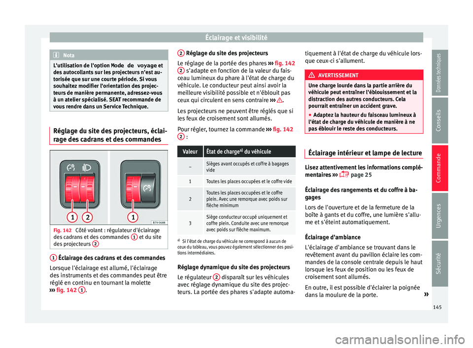Seat Alhambra 2016 Manuel du propriétaire (in French) Éclairage et visibilité
Nota
L'utilisation de l'option Mode de voyage et
des aut
ocollants sur les projecteurs n'est au-
torisée que sur une courte période. Si vous
souhaitez modifie Seat Alhambra 2016 Manuel du propriétaire (in French) Éclairage et visibilité
Nota
L'utilisation de l'option Mode de voyage et
des aut
ocollants sur les projecteurs n'est au-
torisée que sur une courte période. Si vous
souhaitez modifie