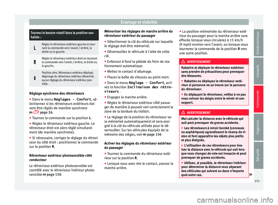 Seat Alhambra 2016  Manuel du propriétaire (in French)  Éclairage et visibilitéTournez le bouton rotatif dans la position sou-
haitée :

Réglez le rétroviseur extérieur gauche en tour-
nant la commande vers l'avant, l'arrière, la
droite o
