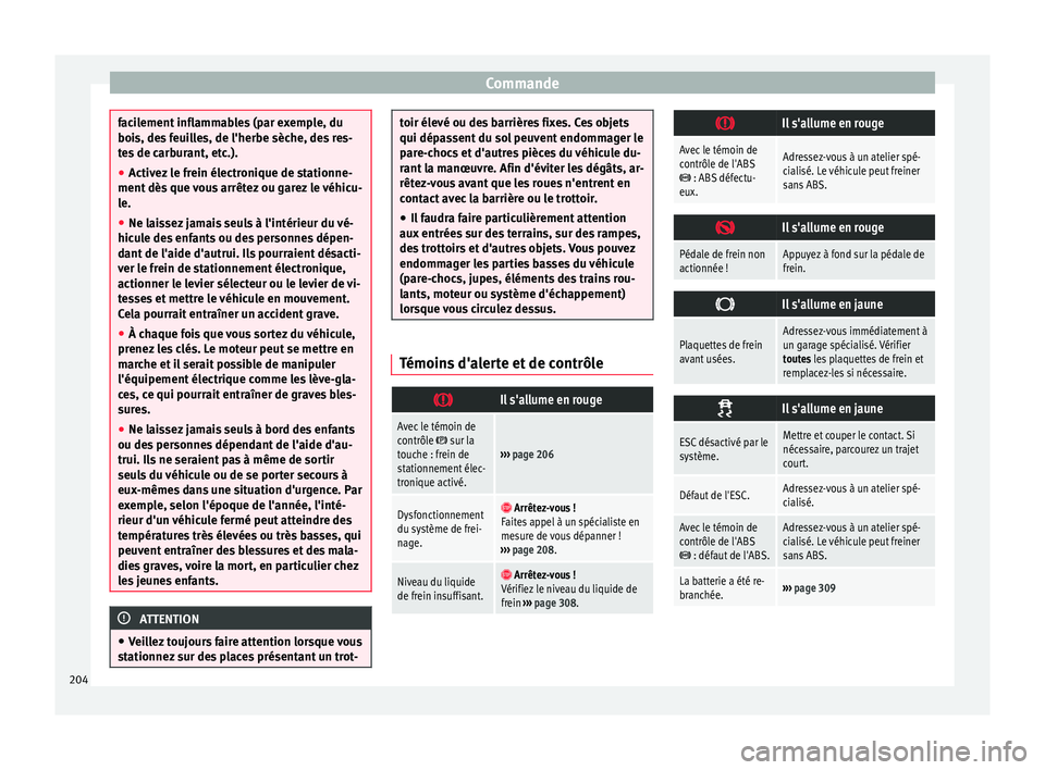 Seat Alhambra 2016  Manuel du propriétaire (in French)  Commande
facilement inflammables (par exemple, du
bois, de
s
 feuilles, de l'herbe sèche, des res-
tes de carburant, etc.).
● Activez le frein électronique de stationne-
ment dès que 
 vous a