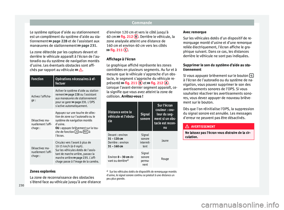 Seat Alhambra 2016  Manuel du propriétaire (in French)  Commande
Le système optique d'aide au stationnement
e s
t
 un complément du système d'aide au sta-
tionnement  ››› page 228 et de l'assistant aux
manœuvres de stationnement  ›