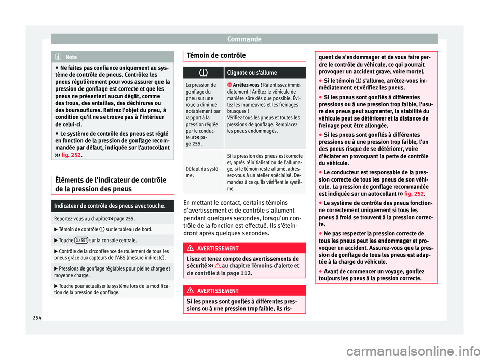 Seat Alhambra 2016 Manuel du propriétaire (in French) Commande
Nota
● Ne fait e
s pas confiance uniquement au sys-
tème de contrôle de pneus. Contrôlez les
pneus régulièrement pour vous assurer que la
pression de gonflage est correcte et que les
p Seat Alhambra 2016 Manuel du propriétaire (in French) Commande
Nota
● Ne fait e
s pas confiance uniquement au sys-
tème de contrôle de pneus. Contrôlez les
pneus régulièrement pour vous assurer que la
pression de gonflage est correcte et que les
p