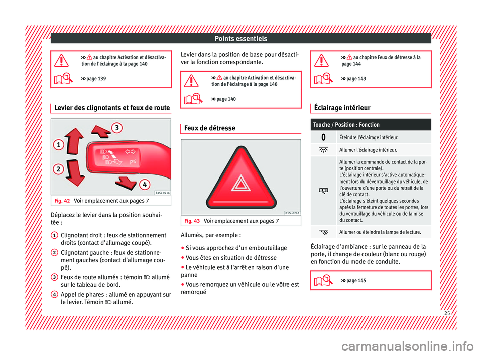 Seat Alhambra 2016 Manuel du propriétaire (in French) Points essentiels
››› au chapitre Activation et désactiva-
tion de l'éclairage à la page 140
››› page 139 Levier des clignotants et feux de route
Fig. 42
Voir emplacement a Seat Alhambra 2016 Manuel du propriétaire (in French) Points essentiels
››› au chapitre Activation et désactiva-
tion de l'éclairage à la page 140
››› page 139 Levier des clignotants et feux de route
Fig. 42
Voir emplacement a