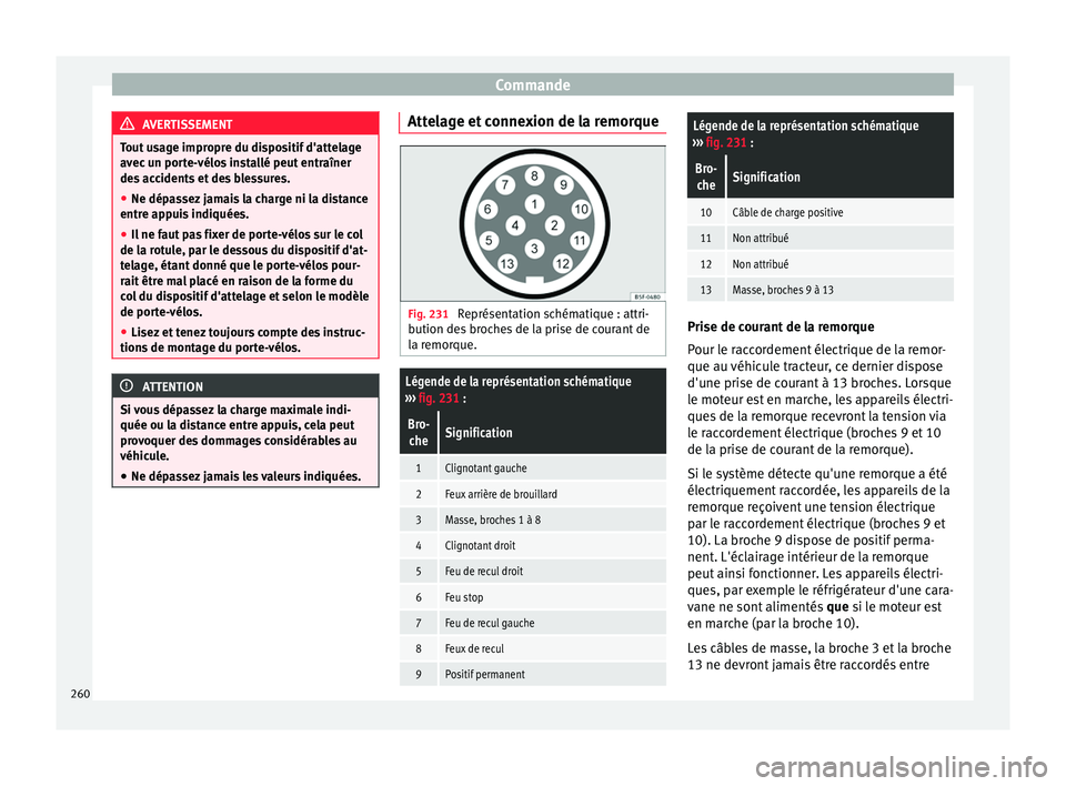 Seat Alhambra 2016 Manuel du propriétaire (in French) Commande
AVERTISSEMENT
Tout usage impropre du dispositif d'attelage
avec u
n porte-vélos installé peut entraîner
des accidents et des blessures.
● Ne dépassez jamais la charge ni la distanc Seat Alhambra 2016 Manuel du propriétaire (in French) Commande
AVERTISSEMENT
Tout usage impropre du dispositif d'attelage
avec u
n porte-vélos installé peut entraîner
des accidents et des blessures.
● Ne dépassez jamais la charge ni la distanc
