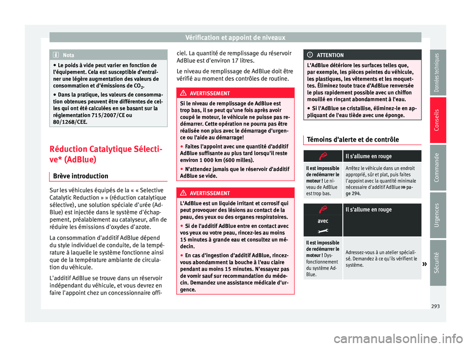 Seat Alhambra 2016 Manuel du propriétaire (in French) Vérification et appoint de niveaux
Nota
● Le poid s
à vide peut varier en fonction de
l'équipement. Cela est susceptible d'entraî-
ner une légère augmentation des valeurs de
consommat Seat Alhambra 2016 Manuel du propriétaire (in French) Vérification et appoint de niveaux
Nota
● Le poid s
à vide peut varier en fonction de
l'équipement. Cela est susceptible d'entraî-
ner une légère augmentation des valeurs de
consommat