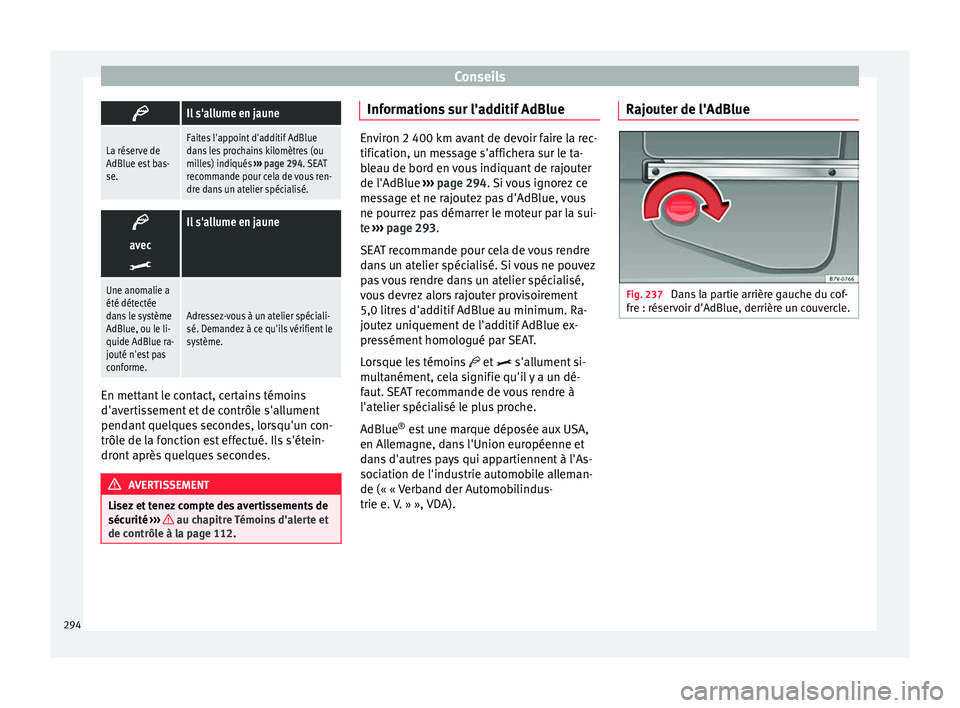 Seat Alhambra 2016 Manuel du propriétaire (in French) Conseils
Il s'allume en jaune
La réserve de
AdBlue est bas-
se.Faites l'appoint d'additif AdBlue
dans les prochains kilomètres (ou
milles) indiqués
››› page 294. SEAT
recomman Seat Alhambra 2016 Manuel du propriétaire (in French) Conseils
Il s'allume en jaune
La réserve de
AdBlue est bas-
se.Faites l'appoint d'additif AdBlue
dans les prochains kilomètres (ou
milles) indiqués
››› page 294. SEAT
recomman