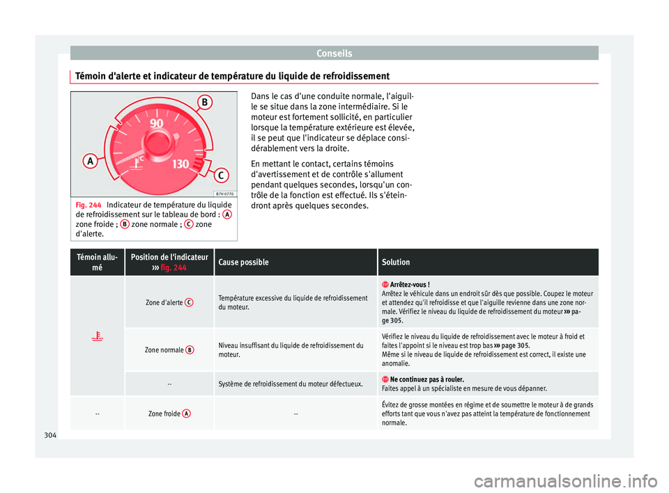 Seat Alhambra 2016 Manuel du propriétaire (in French) Conseils
Témoin d'alerte et indicateur de température du liquide de refroidissement Fig. 244
Indicateur de température du liquide
de refr oidi
ssement sur le tableau de bord : Azone froide ; Seat Alhambra 2016 Manuel du propriétaire (in French) Conseils
Témoin d'alerte et indicateur de température du liquide de refroidissement Fig. 244
Indicateur de température du liquide
de refr oidi
ssement sur le tableau de bord : Azone froide ;