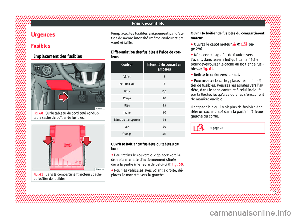 Seat Alhambra 2016 Manuel du propriétaire (in French) Points essentiels
Urgences F u
s
ibles
Emplacement des fusibles Fig. 60
Sur le tableau de bord côté conduc-
t eur : c
ac
he du boîtier de fusibles. Fig. 61
Dans le compartiment moteur : cache
du Seat Alhambra 2016 Manuel du propriétaire (in French) Points essentiels
Urgences F u
s
ibles
Emplacement des fusibles Fig. 60
Sur le tableau de bord côté conduc-
t eur : c
ac
he du boîtier de fusibles. Fig. 61
Dans le compartiment moteur : cache
du