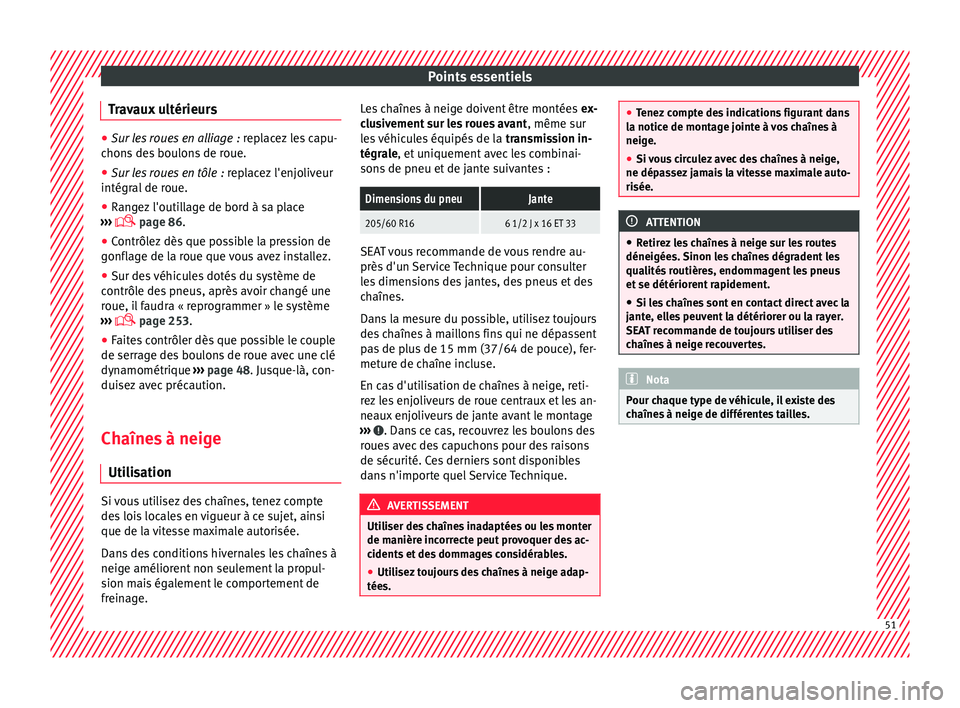 Seat Alhambra 2016  Manuel du propriétaire (in French)  Points essentiels
Travaux ultérieurs ●
Sur les roues en alliage : rep l acez les capu-
chons des boulons de roue.
● Sur les roues en tôle : repl
 acez l'enjoliveur
intégral de roue.
● Ran
