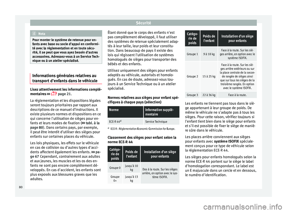 Seat Alhambra 2016  Manuel du propriétaire (in French)  Sécurité
Nota
Pour monter le système de retenue pour en-
fant s
 avec base ou socle d'appui en conformi-
té avec la réglementation et en toute sécu-
rité, il se peut que vous ayez besoin d&