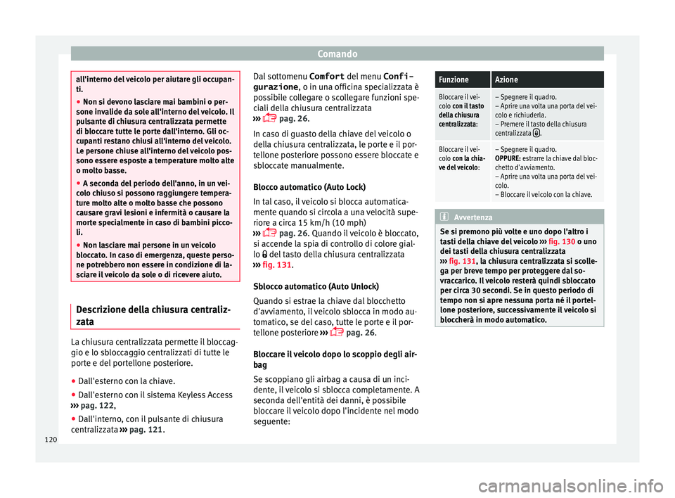 Seat Alhambra 2016 Manuale del proprietario (in Italian) Comando
all'interno del veicolo per aiutare gli occupan-
ti.
●
Non si devono lasciare mai bambini o per-
sone inv a
lide da sole all'interno del veicolo. Il
pulsante di chiusura centralizzat Seat Alhambra 2016 Manuale del proprietario (in Italian) Comando
all'interno del veicolo per aiutare gli occupan-
ti.
●
Non si devono lasciare mai bambini o per-
sone inv a
lide da sole all'interno del veicolo. Il
pulsante di chiusura centralizzat